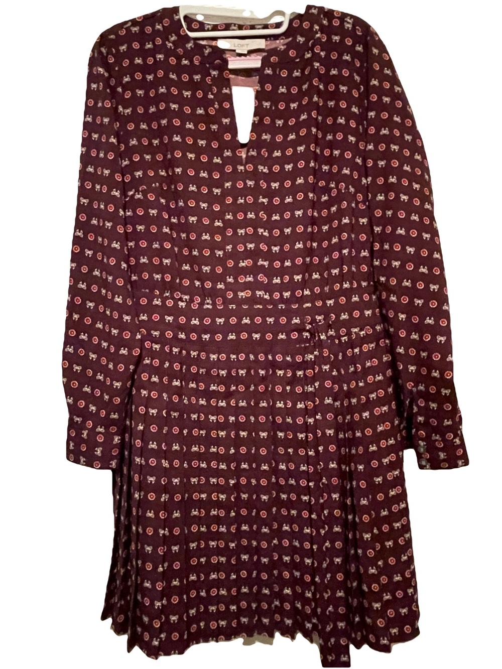 LOFT Burgundy Printed Long-Sleeve Fit & Flare Dress